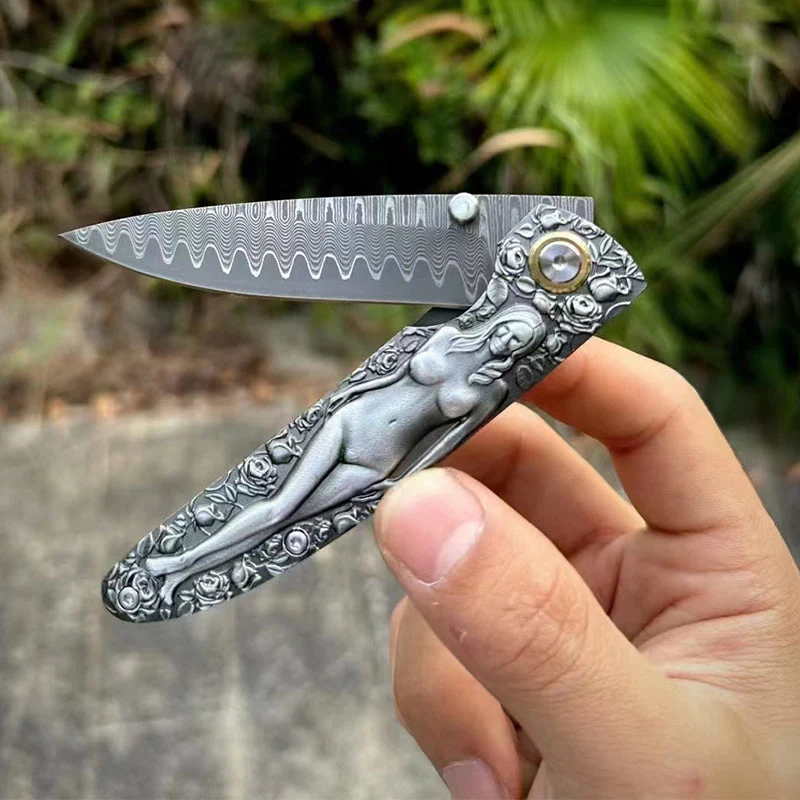 Damascus Blade Folding Knife Double Sided Engraved Vintage Handle Outdoor Camping Survival Pocket Knives - Image 3
