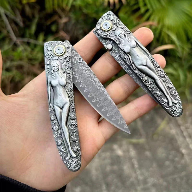 Damascus Blade Folding Knife Double Sided Engraved Vintage Handle Outdoor Camping Survival Pocket Knives - Image 7