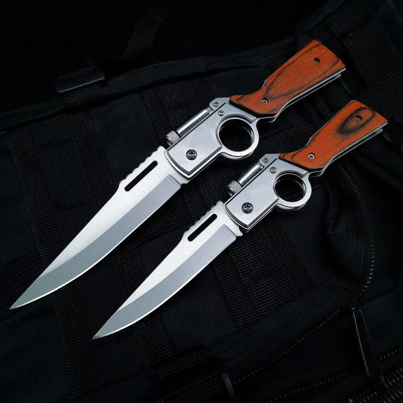 Wood Handle AK47 Folding Knife Outdoor Camping Knives with Light EDC Tool