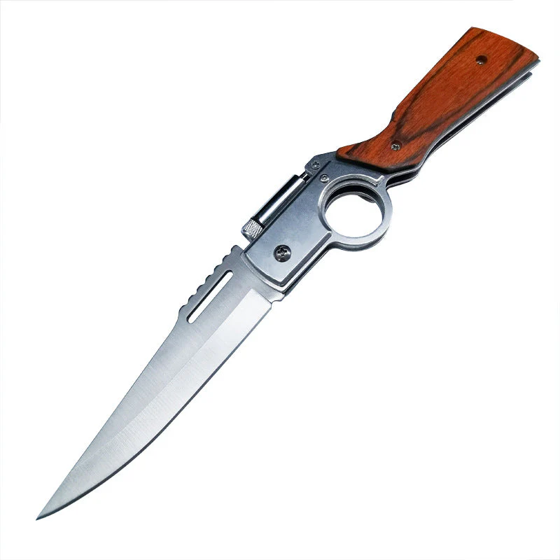 Wood Handle AK47 Folding Knife Outdoor Camping Knives with Light EDC Tool - Image 5